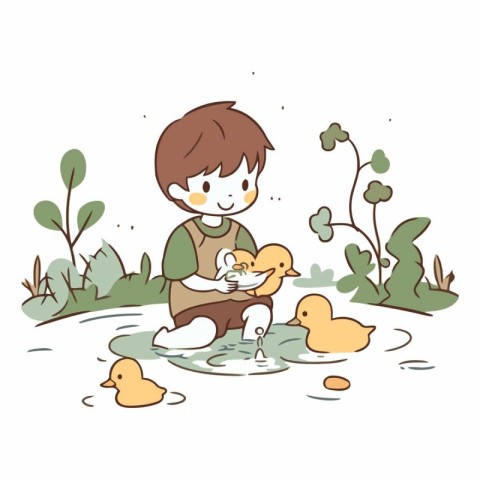 boy playing with ducklings in the pond.vector illustration.illus