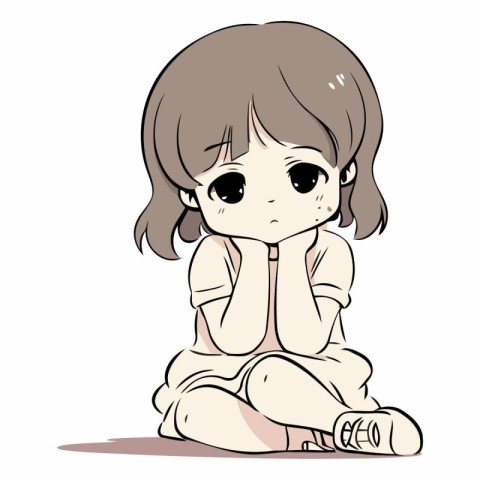 Illustration of a little girl sitting on the floor and thinking.