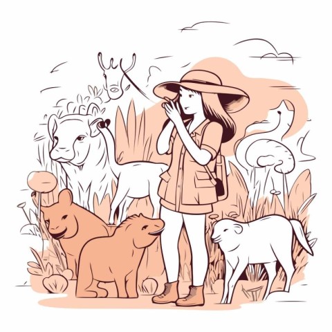 Vector illustration of a girl in a hat with a dog in the park.