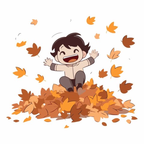 Happy boy playing with autumn leaves on white background.