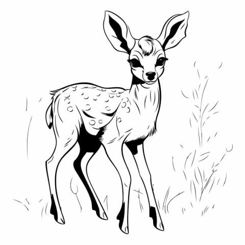 Deer in the grass. Black and white vector illustration isolated