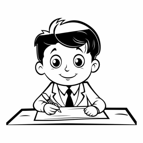 School Boy Studying - Black and White Cartoon Illustration. Vect