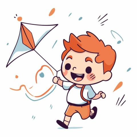 Cute boy running with kite in cartoon style.