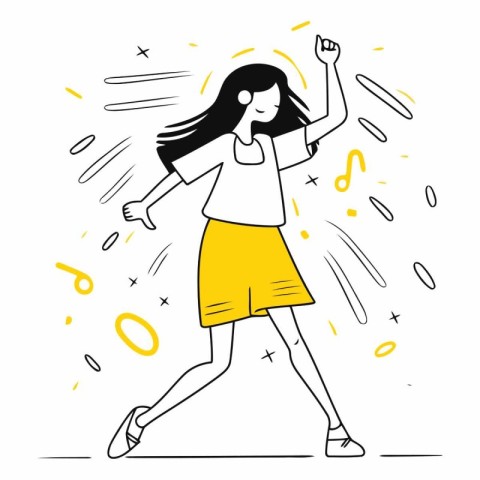 Vector illustration of a dancing girl in a skirt and t-shirt.