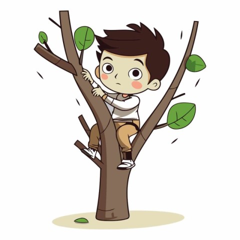 Little boy climbing on the tree. Cute cartoon character.