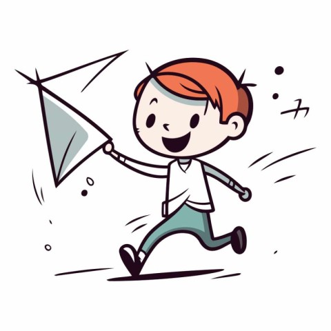 Boy playing with kite. Cartoon style drawing.