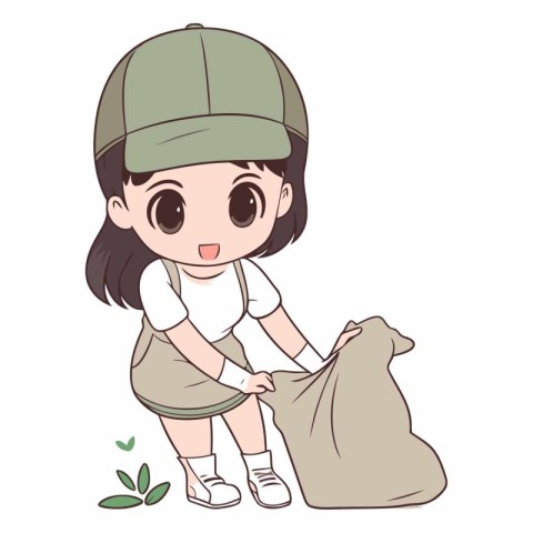 Illustration of a Cute Little Girl Wearing a Green Cap and Holdi