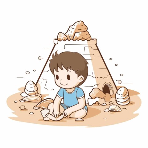 Little boy playing with sand in the stone pyramid.