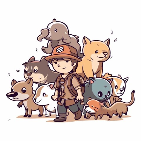 Cartoon illustration of a boy in safari outfit with different an