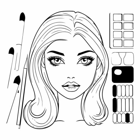 Beautiful girl with long hair and makeup brushes. Monochrome vec