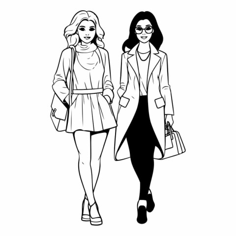 Fashion girls in sketch style. Black and white.