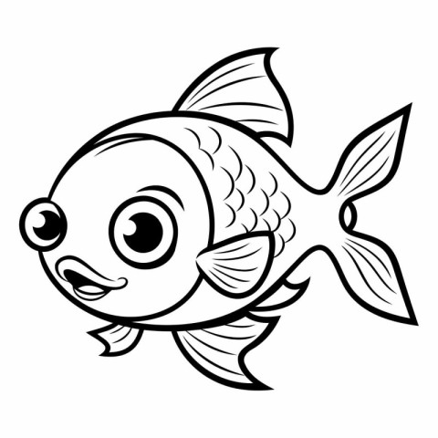 Cute Fish - Black and White Cartoon Illustration. Isolated On Wh