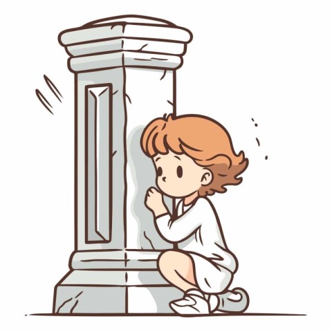 Illustration of a Little Boy Sitting Near a Column on White Back