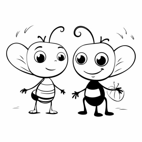 Funny cartoon bee and bee. Black and white vector illustration.