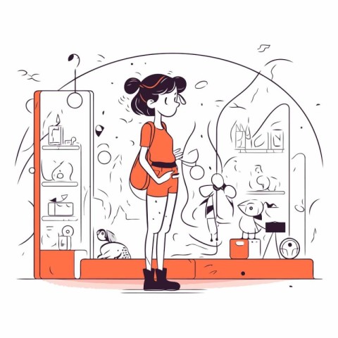 Vector illustration of a girl in the bathroom. A girl stands in