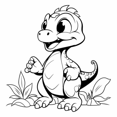 Cute Cartoon Dinosaur - Black and White Cartoon Illustration. Ve