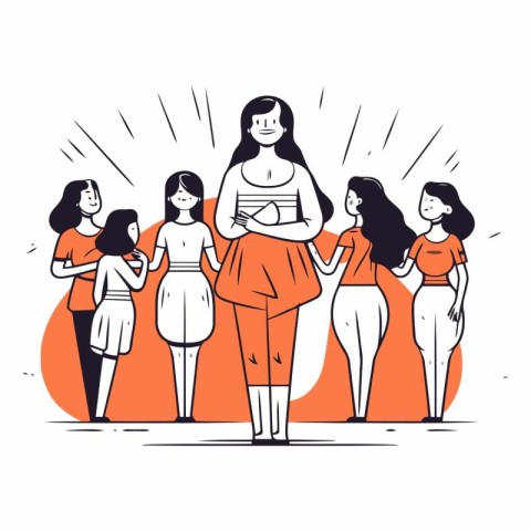 Group of women standing together in line art style.