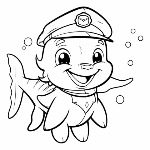 Black and White Cartoon Illustration of Cute Little Fish Sailor