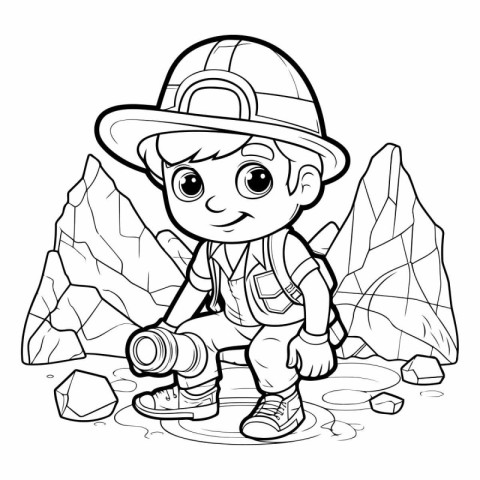 Coloring Page Outline Of a Little Boy Hiking with a Camera