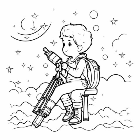 Boy with telescope on the background of the night sky. Coloring