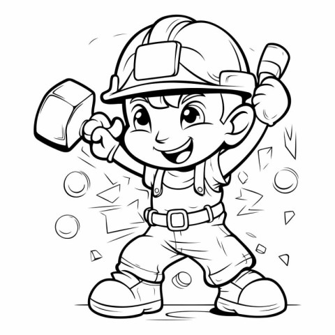 Black and White Cartoon Illustration of Kid Boy Construction Wor