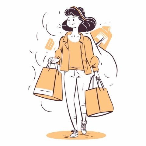 Vector illustration of young woman with shopping bags and credit