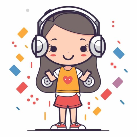 Cute little girl listening to music with headphones.