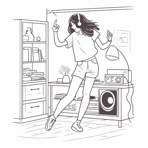 Young woman dancing at home in black and white colors.