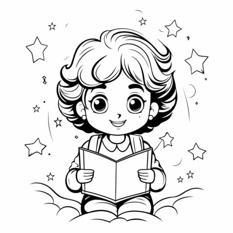 Cute little girl reading a book. Black and white vector illustra