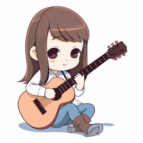 Illustration of a cute little girl playing guitar on a white bac