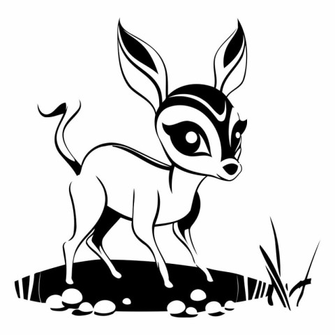 Deer in the forest. Wild animal. Black and white vector illustra