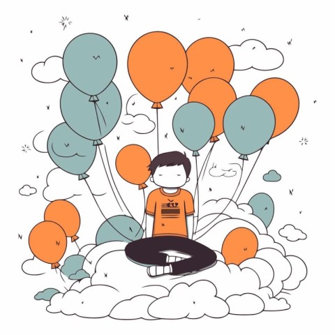 Cute boy sitting on the cloud with balloons.