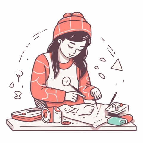 Vector illustration of a young woman doing her homework. Cartoon