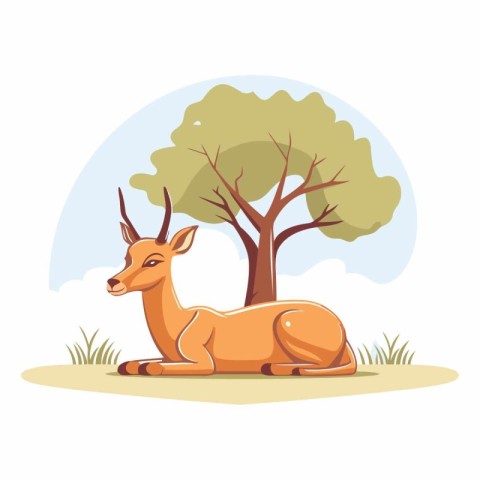 Wild deer lying on the grass in cartoon style.