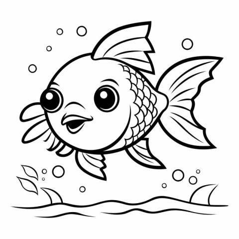 Black and White Cartoon Illustration of Cute Fish Animal Charact