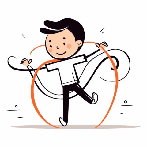 Vector illustration of a happy boy jumping with ribbon. Flat sty