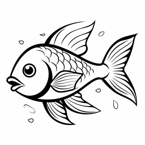 Black and white vector illustration of a goldfish swimming in th