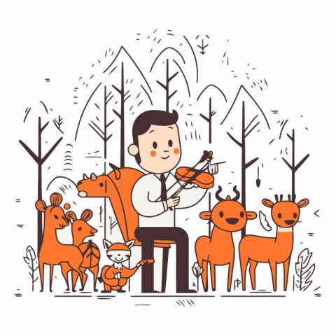 Vector illustration of a man playing violin in the park with ani