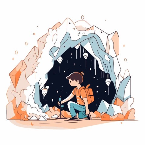 Vector illustration of a man climbing in a cave with ice and sno