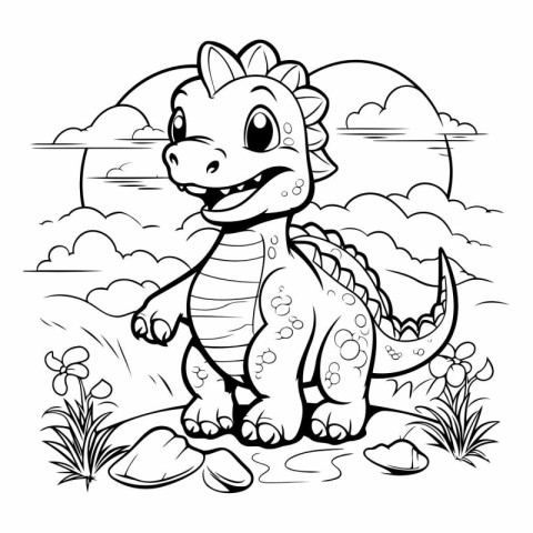 Black and White Cartoon Illustration of Dinosaur Animal for Colo