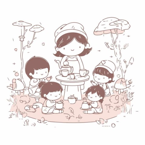 Children having a picnic in the park. Hand drawing vector illust