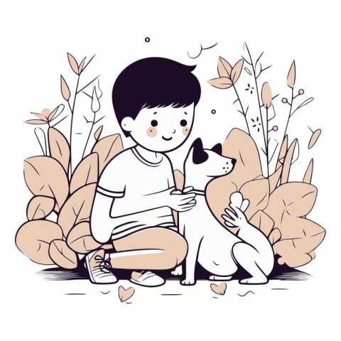 Vector illustration of a boy sitting with his dog in the park.