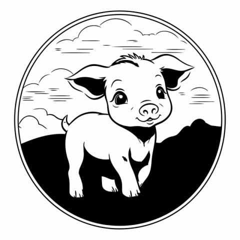 Pig icon. Farm animal theme. Black and white illustration.