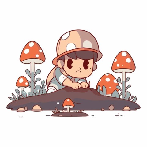 cute little boy playing in the mushroom garden vector illustrati