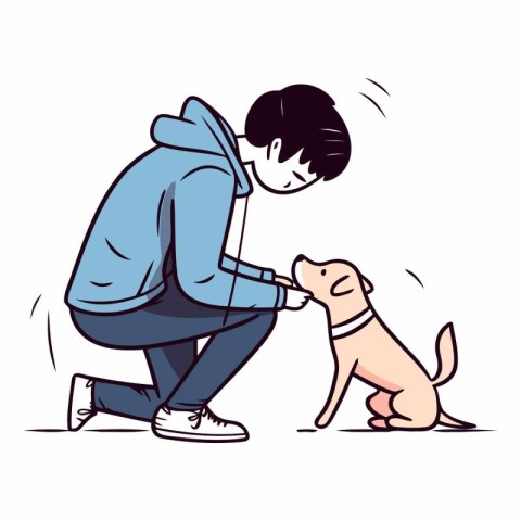 Boy playing with a dog in cartoon linear style.