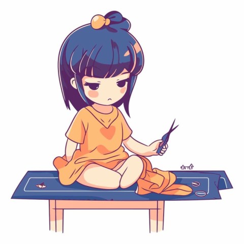 Cute cartoon girl sitting on a bench and using a tablet pc