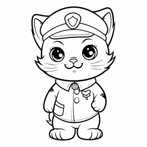 Black and White Cartoon Illustration of Cute Cat Police Officer