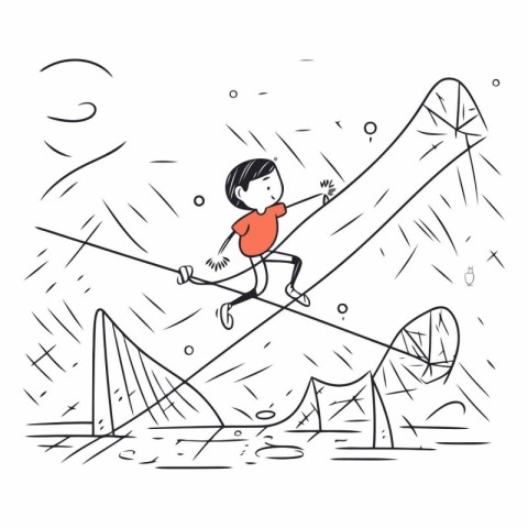 Vector illustration of a boy balancing on the seesaw. Doodle sty