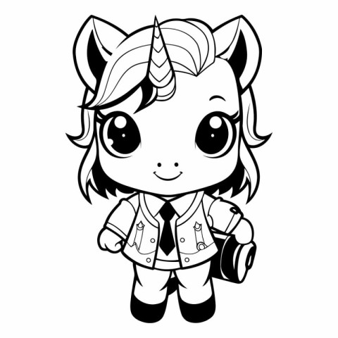 Unicorn girl with camera for coloring book.