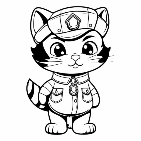 Black and White Cartoon Illustration of Cute Cat Police Officer